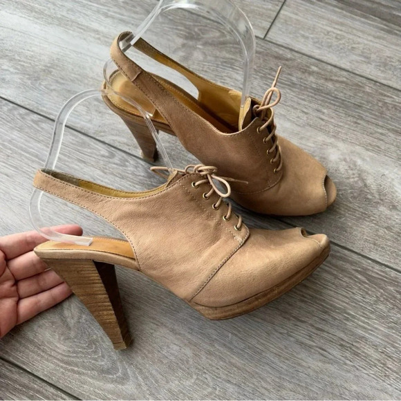 J Crew Peep Toe Lace Up Tan Leather Slingback Wooden Heel Pumps - Picture 1 of 13